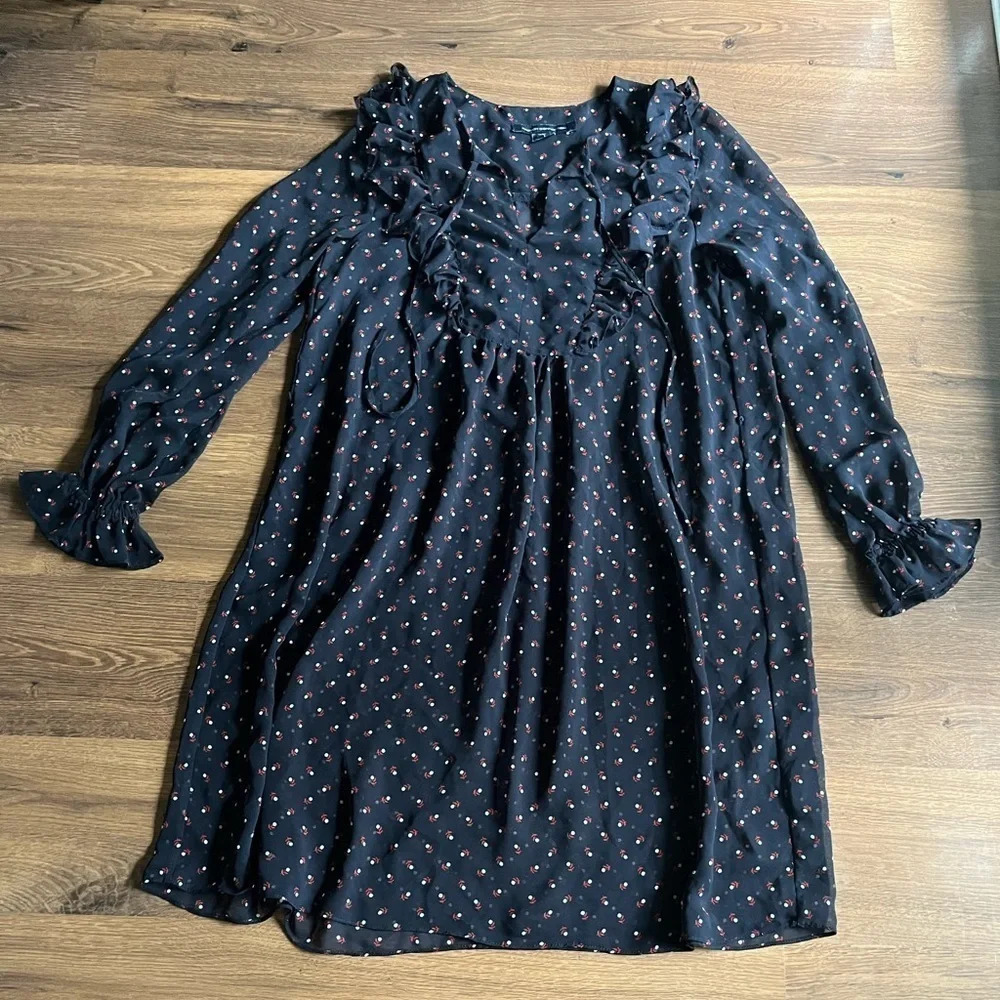 🍂 French Connection Navy Peasant Dress – Boho Cottagecore Vibes